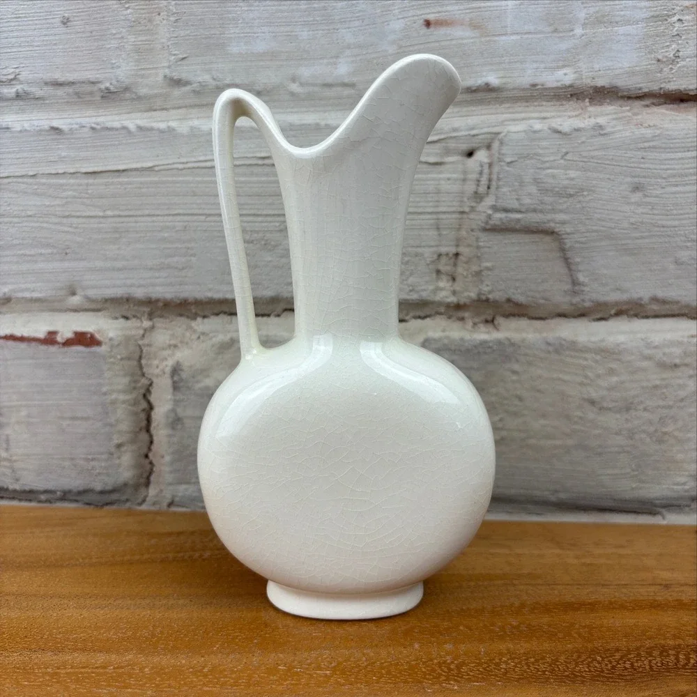 Vintage White Crackle Glaze Ewer Bud Vase Pink Roses Cottagecore Shabby Chic